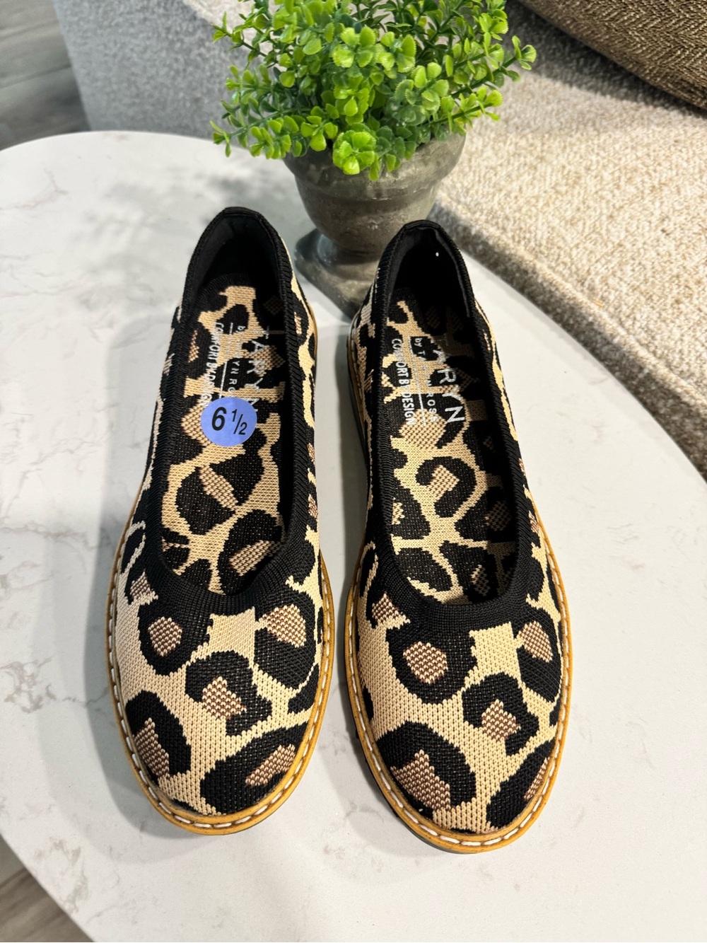 Taryn Rose Leopard Knit Ballet Flats in Beige and Black